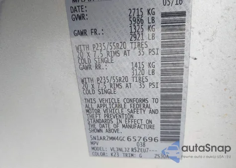 2016 Nissan Pathfinder Platinum из США, поврежденный, VIN 5N1AR2MM4GC657696